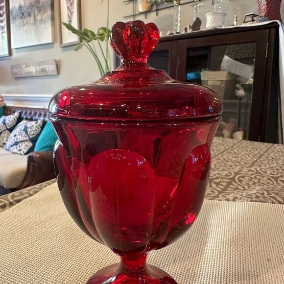 Viking Glass Ruby Red 6-Petal Glass Compote Pedestal Jar with Cover Vintage - Picture 7 of 8